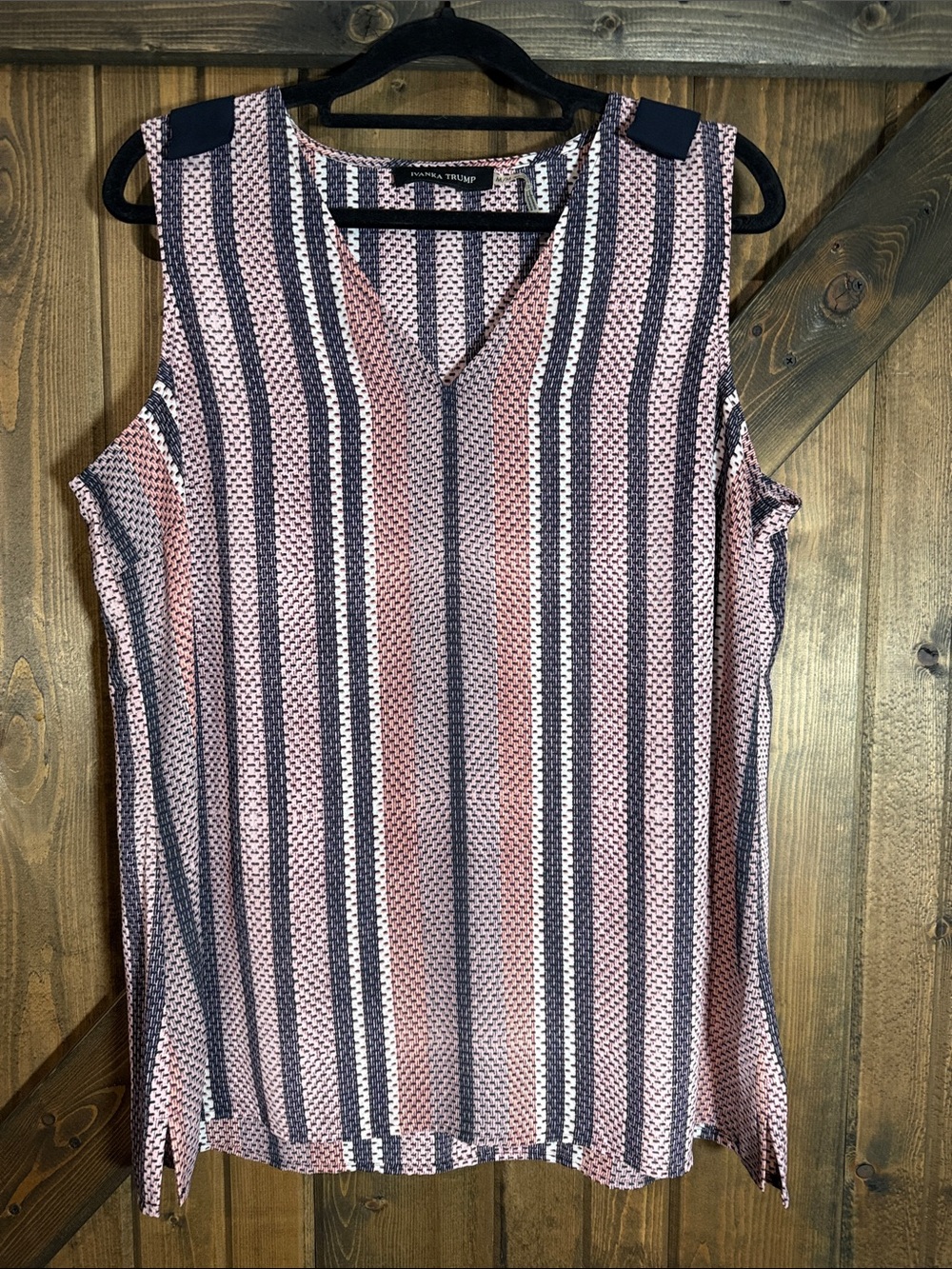Ivanka Trump Pink and Navy Striped V-Neck Sleeveless Tank